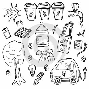 Doodle ecology set. Hand drawn design vector illustration, ecology problem and green energy icons in doodle style, for graphic and