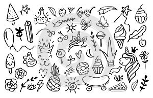 Doodle elements. Sketch decoration design templates for invitation and greeting cards. Vector hand drawn crown stars and