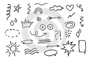 Doodle elements. Sketch underline, accent, arrow shape set, highlight, speech bubble, underline