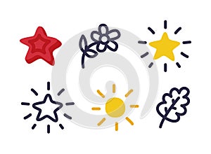 Doodle Elements with Star, Flower, Leaf and Sun Vector Set