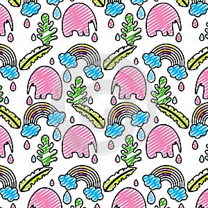 Doodle elephant with leaves and rainbow cloud background