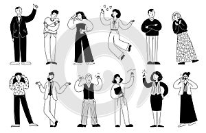Doodle emotional people. Person emotion expressions, sketch man woman expressing happy and sad emotions feelings, doodle persons photo
