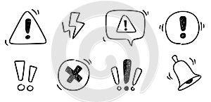 Doodle exclamation mark, alert danger sign set. Scribble hand drawn doodle exclamation triangle point, stop warning