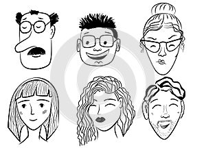 Doodle faces set. Vector illustration of simple cartoon characters of men and women. Human comic faces hand drawn