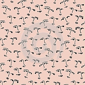 Doodle Faces Sketchy Seamless Pattern, Line Art Vector Illustration