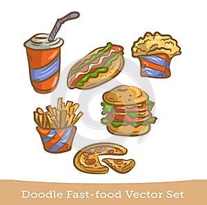 Doodle fast food set isolated on white background. Vector