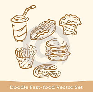 Doodle fast food set isolated on white background. Vector