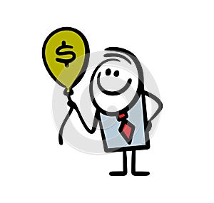 Doodle financial deceiver businessman holds a balloon with dollar sign in his hand and smiles.
