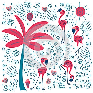 Doodle flamingo with palm tree and fillers