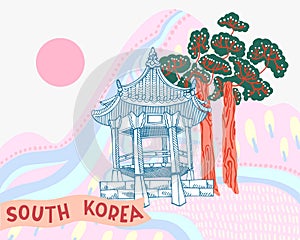 Illustration of korean landscape with building, trees, mountain, pink sun and hand lettering inscription - South Korea