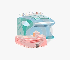 Doodle flat vector illustration of Seoul City Hall is a governmental building photo