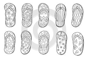 Doodle flip flops set in black and white for coloring page. Summer slippers outline collectio