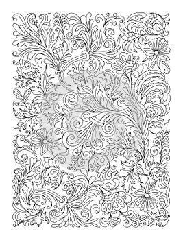 Doodle floral pattern in black and white. Page for coloring book: very interesting and relaxing job for children and