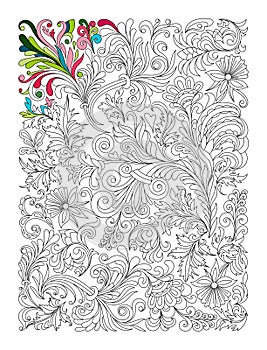 Doodle floral pattern in black and white. Page for coloring book: very interesting and relaxing job for children and