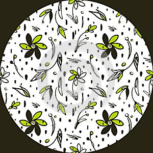 Doodle floral seamless pattern. Hand drawn decorative ink brush line, leaf, flowers, dots, scribble elements colored in