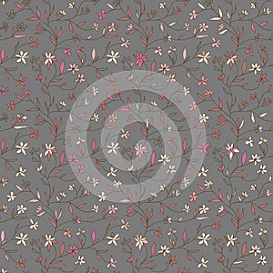 Doodle floral vector seamless pattern. Hand drawn contours of twigs with small softness pink flowers on gray background.