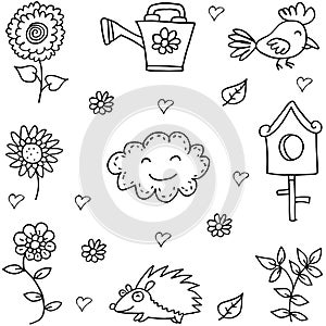 Doodle of flower bird set object