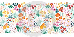 Doodle flower meadow seamless vector kids border. Repeating colorful line art floral pattern. Use for fabric trim