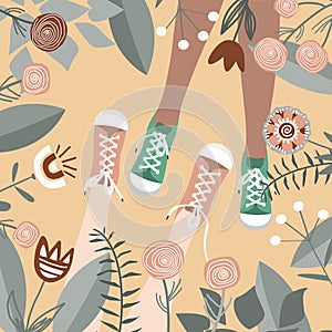 Doodle flowers and girl friends legs in sneakers. Spring or Summer friendship background for banner, poster, card