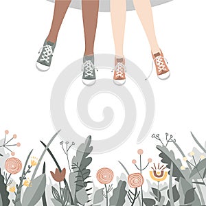 Doodle flowers and girl friends legs in sneakers. Spring or Summer friendship background for banner, poster, card