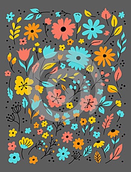 Doodle flowers, Hand drawn floral set. Flower doodle sketch on a dark background. Vector design