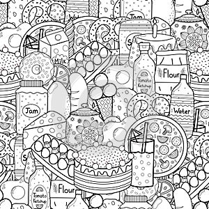 Doodle food black and white seamless pattern. Groceries coloring page