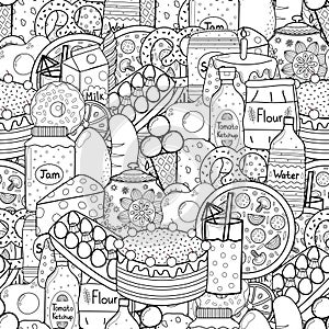 Doodle food black and white seamless pattern. Groceries coloring page photo