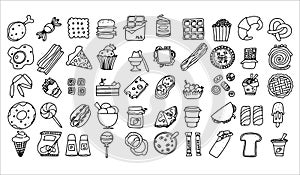 Doodle food set of 50 various fast-food products. Hand-drawn sweets, desserts, snacks, popcorn, American food and