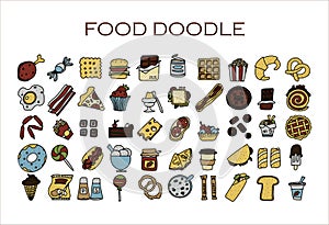 Doodle food set of 50 various fast-food products. Hand-drawn sweets, desserts, snacks, popcorn, American food and