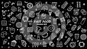 Doodle food set of 50 various fast-food products. Hand-drawn sweets, desserts, snacks, popcorn, American food and