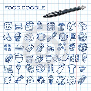 Doodle food set of 50 various fast-food products. Hand-drawn sweets, desserts, snacks, popcorn, American food and