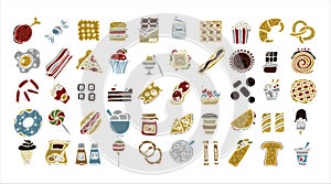 Doodle food set of 50 various fast-food products. Hand-drawn sweets, desserts, snacks, popcorn, American food and