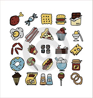 Doodle food set of fast-food products. Hand-drawn sweets, desserts, snacks, popcorn, American food and English breakfast
