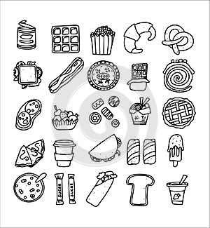 Doodle food set of fast-food products. Hand-drawn sweets, desserts, snacks, popcorn, American food and English breakfast