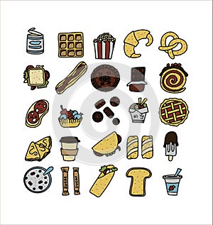 Doodle food set of fast-food products. Hand-drawn sweets, desserts, snacks, popcorn, American food and English breakfast