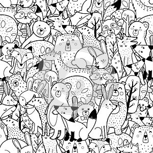 Doodle forest animals black and white seamless pattern. Funny coloring page