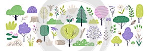 Doodle forest cute nature elements. Funny tree and bush, leaves and berries. Autumn eco green graphic, flat minimal