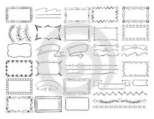 Doodle frame borders, hand drawn ribbon banners and sketch design decoration elements vector set