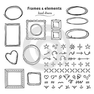 Doodle frames and elements. Hand drawn square round line frames, pencil sketch circle borders. Vector headline marker