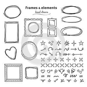 Doodle frames and elements. Hand drawn square round line frames, pencil sketch circle borders. Vector headline marker photo