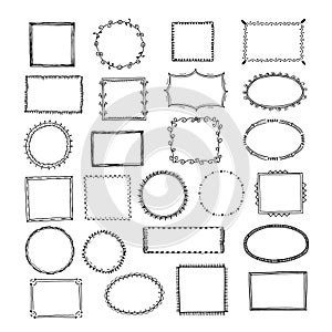 Doodle frames. Square borders sketch lines hand drawn round picture empty frame vintage vector set