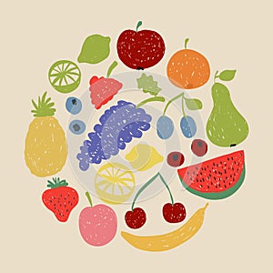 Doodle fruit circle in retro colors