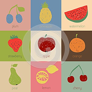Doodle fruit icons in retro colors