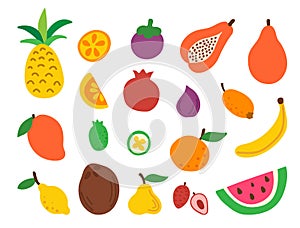 Doodle fruit set isolated on white background. Natural tropical fruits. Hand drawn organic food. Healthy fresh salad