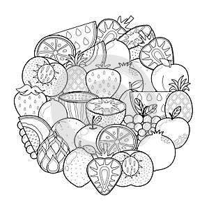 Doodle fruits circle shape pattern for coloring book. Food mandala coloring page