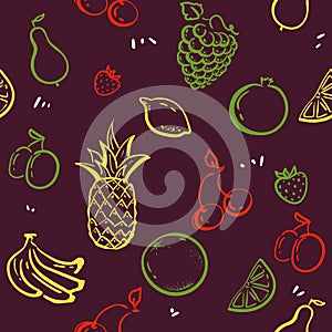 Doodle fruits isolated on white blackboard seamless pattern vector. Healthy nutrition sketch illustration. pineapple, strawberries