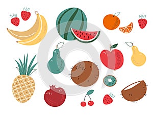 Doodle fruits. Natural tropical fruit, doodles citrus orange and vitamin lemon. Vegan kitchen apple hand drawn, organic