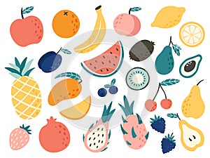 Doodle fruits. Natural tropical fruit, doodles citrus orange and vitamin lemon. Vegan kitchen apple hand drawn vector