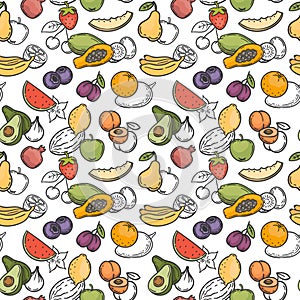 Doodle fruits seamless pattern. Hand drawn exotic fruits mango, orange and lemon, watermelon, banana and kiwi wallpaper