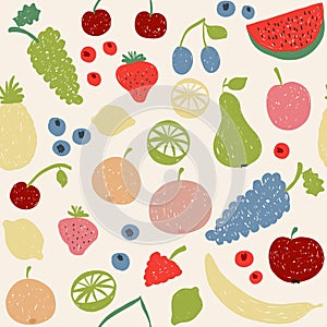 Doodle fruits seamless pattern in retro colors